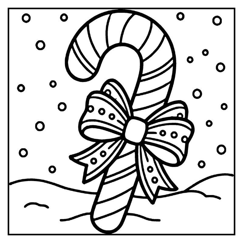 A candy cane with a bow sits in the snow, surrounded by falling snowflakes, a christmas coloring page