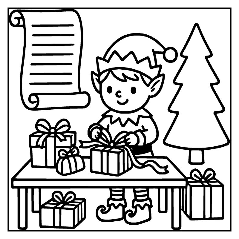 A Christmas elf is wrapping presents, sitting at a table with a Christmas tree in the background