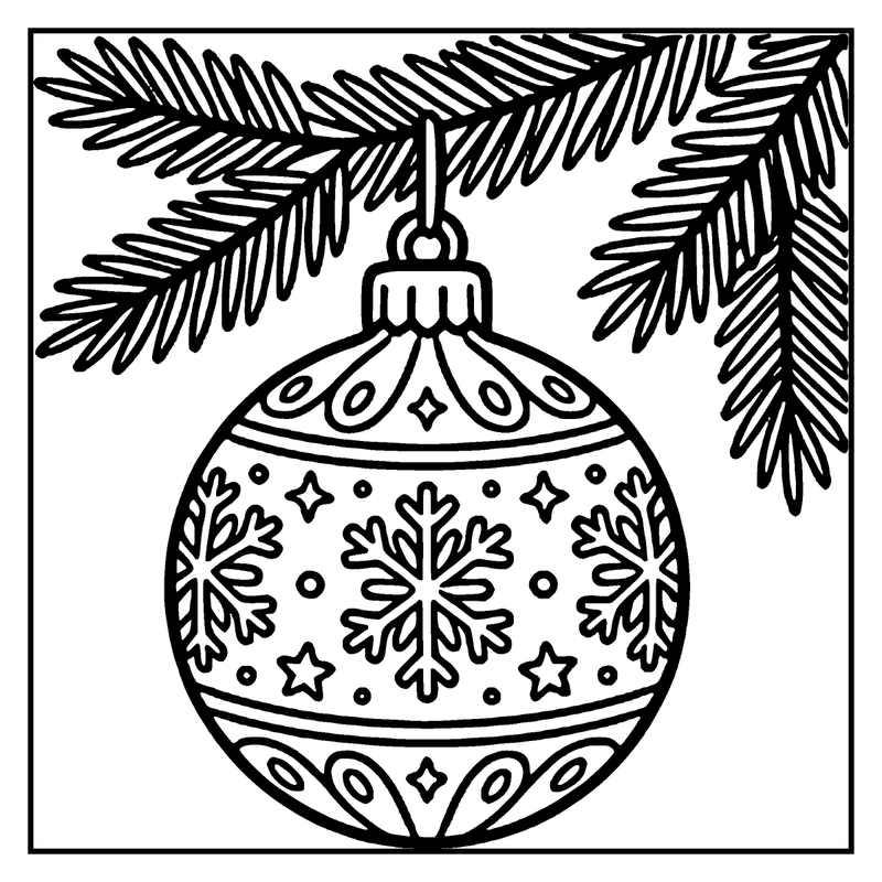 A Christmas ornament hanging from a tree branch, decorated with snowflakes and stars