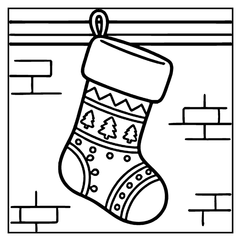 A Christmas stocking hangs from a line, decorated with trees and dots, against a simple background