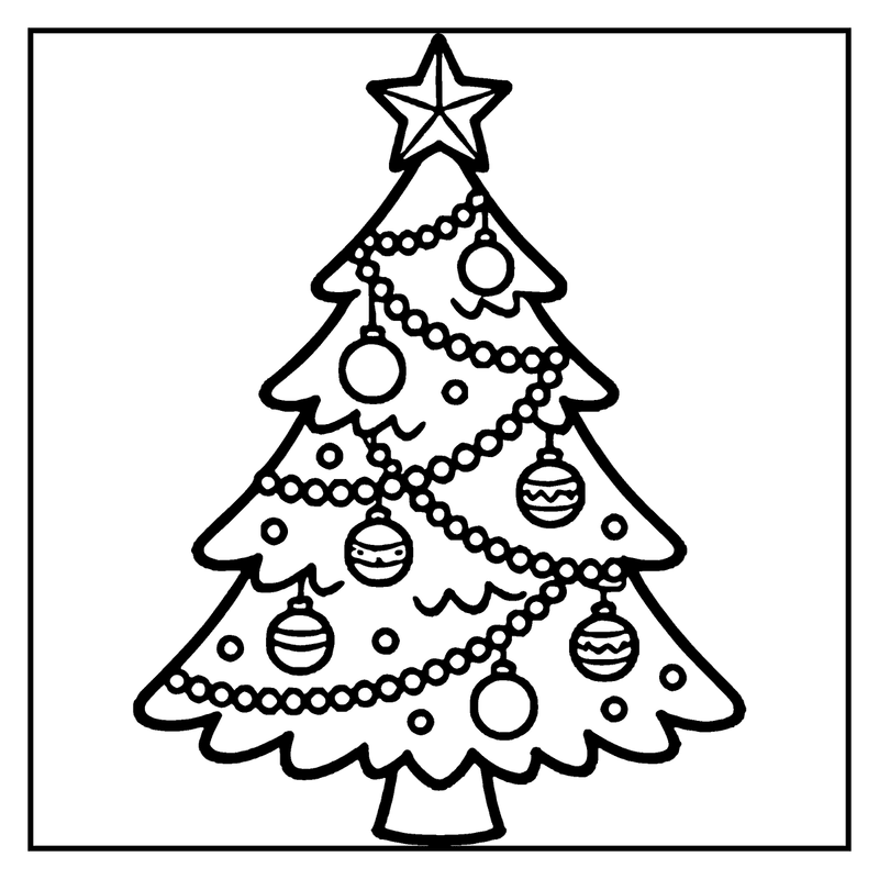 A Christmas tree with ornaments and a star on top, decorated with beads and balls, set against a plain background