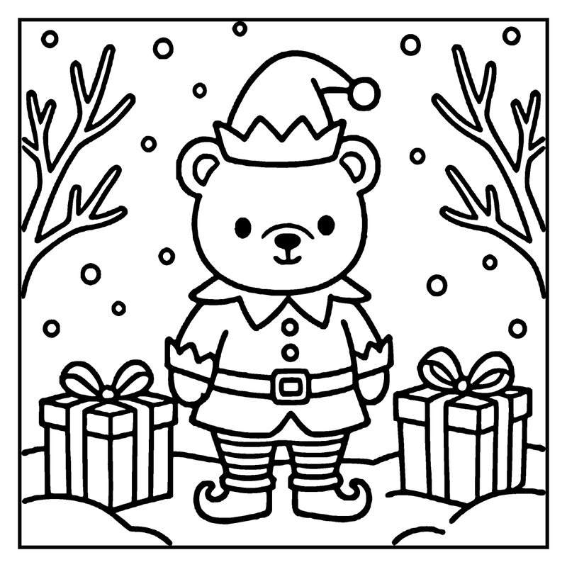 A cute bear elf stands between two presents, wearing a Santa hat and striped pants, with snowy branches and falling snow in the background, a christmas coloring page