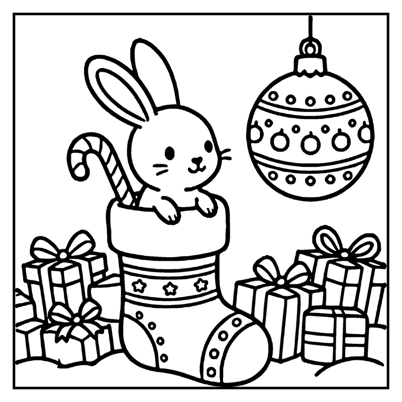 A cute bunny sits in a Christmas stocking, holding a candy cane, surrounded by wrapped gifts and a festive ornament