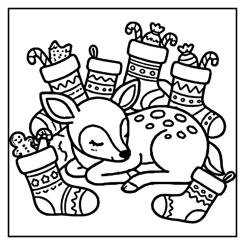 A cute deer is sleeping in a cozy fireplace with colorful Christmas stockings filled with treats