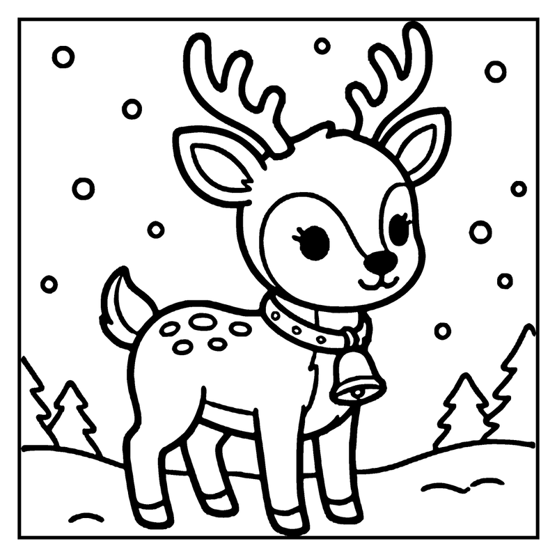A cute deer wearing a bell around its neck stands in a snowy forest, surrounded by small trees and falling snowflakes, a christmas coloring page