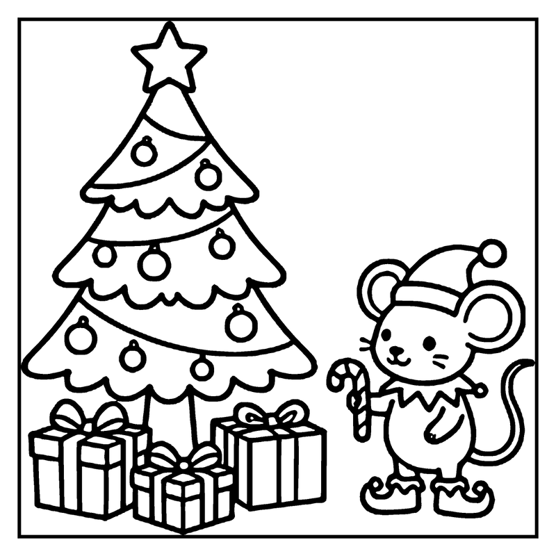 A cute mouse wearing a Santa hat is standing next to a decorated Christmas tree, holding a candy cane and looking at presents underneath the tree