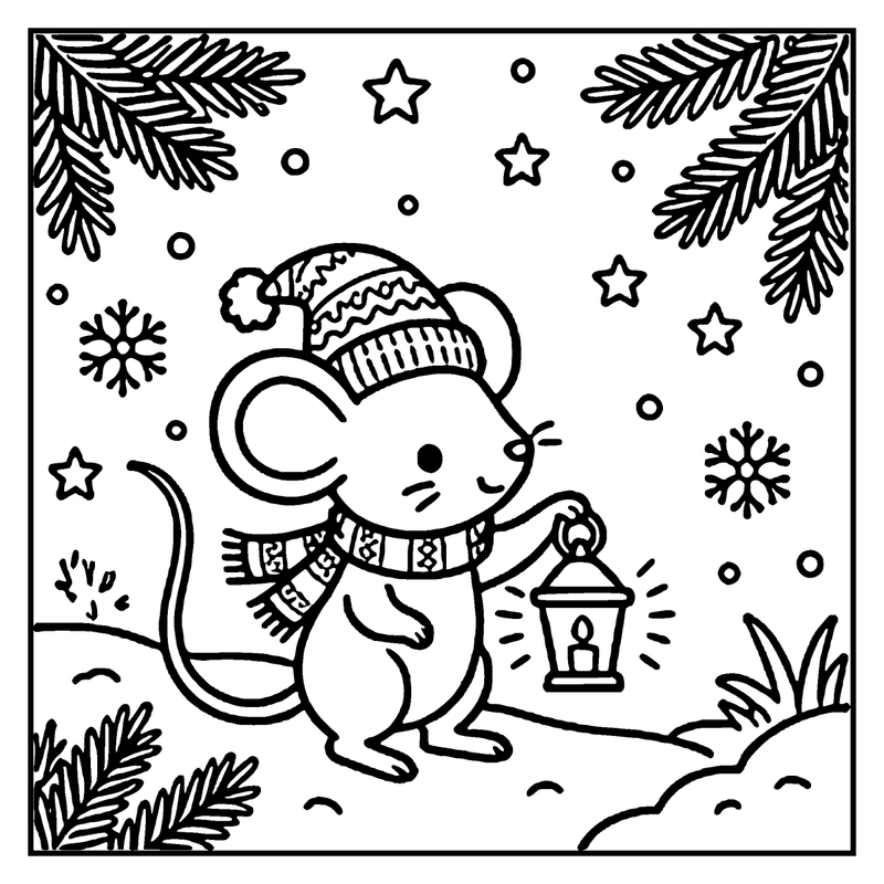 A cute mouse wearing a winter hat and scarf holds a lantern in a snowy setting with snowflakes and pine branches, a christmas coloring page