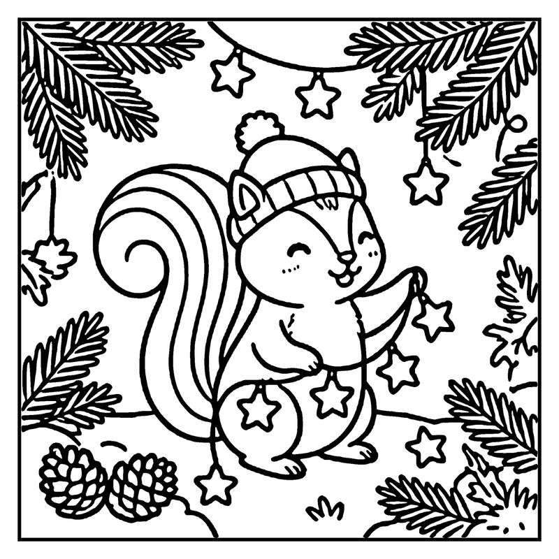 A cute squirrel wearing a hat and holding a star, surrounded by pine branches and pinecones, a christmas coloring page