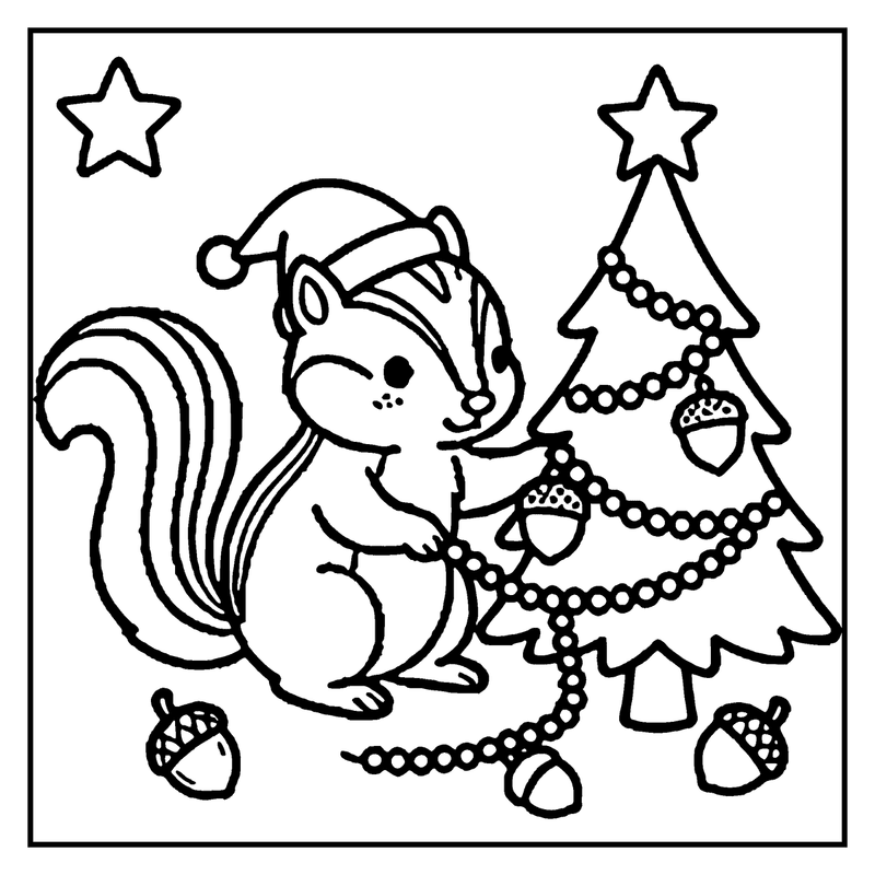 A cute squirrel wearing a Santa hat is decorating a Christmas tree with beads and acorns