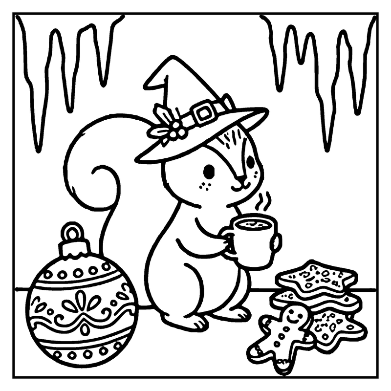 A cute squirrel wearing a witch hat is sipping hot cocoa, surrounded by Christmas ornaments and cookies