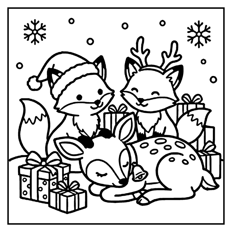 A fox wearing a Santa hat and a deer with a gift box, surrounded by snowflakes, are sitting next to a sleeping deer, a christmas coloring page