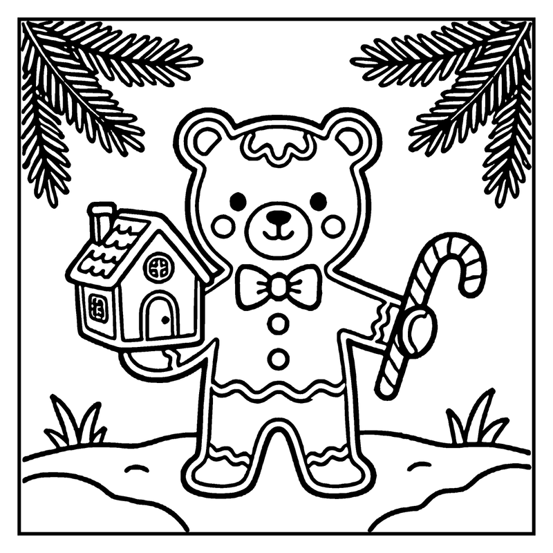 A gingerbread bear holds a candy cane in a snowy scene with a small house and pine branches, a christmas coloring page