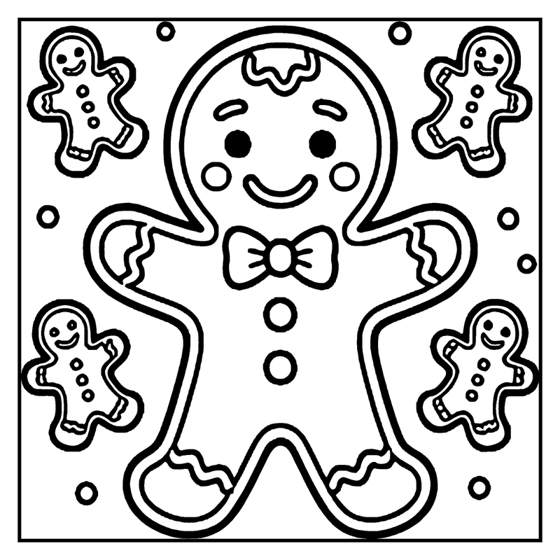 A gingerbread man is smiling, wearing a bow tie, and surrounded by four decorated gingerbread cookies, a christmas coloring page