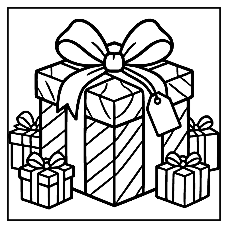 A large present with a bow and ribbon sits atop a smaller present, all surrounded by other presents, a christmas coloring page