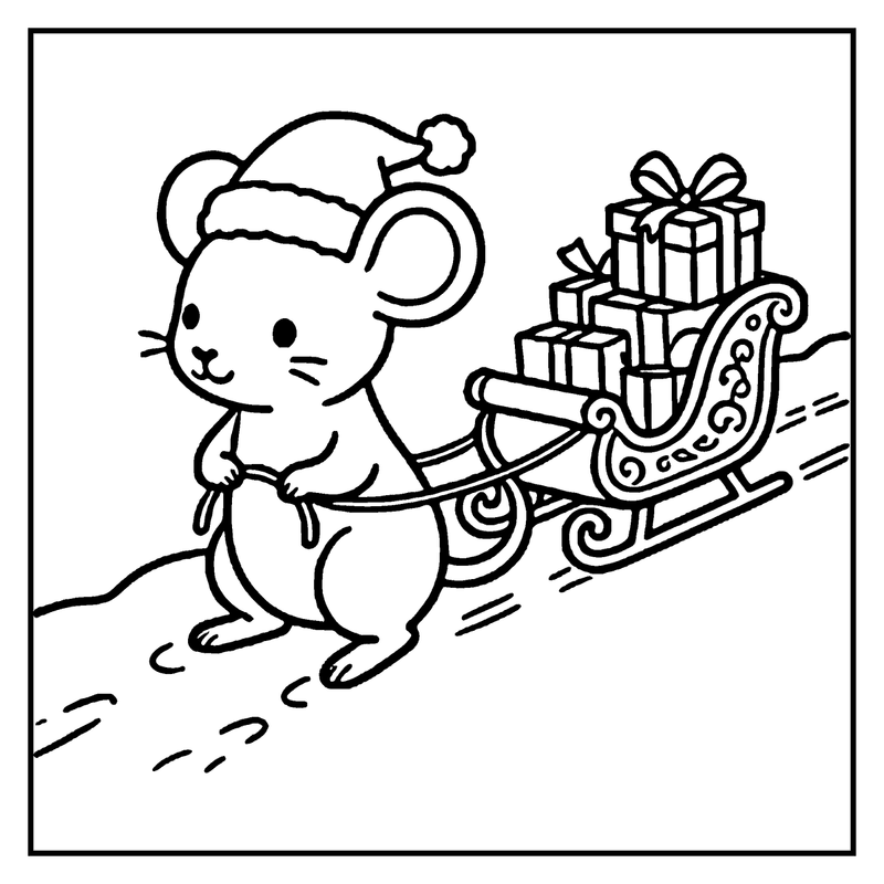 A mouse wearing a Santa hat pulls a sled filled with presents in a snowy setting, a christmas coloring page