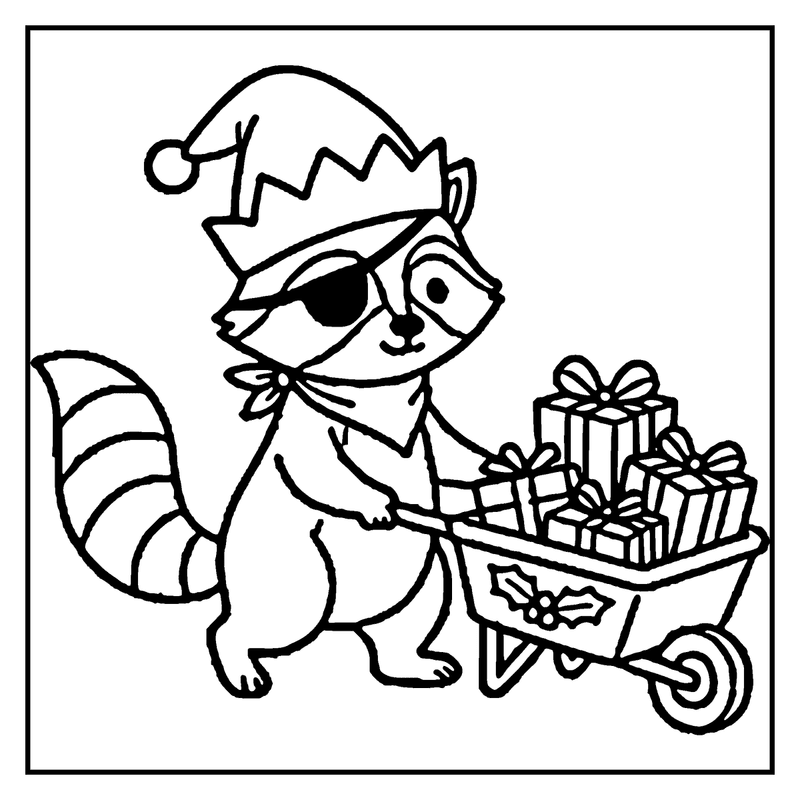 A raccoon wearing a Santa hat and sunglasses is pushing a wheelbarrow full of Christmas presents