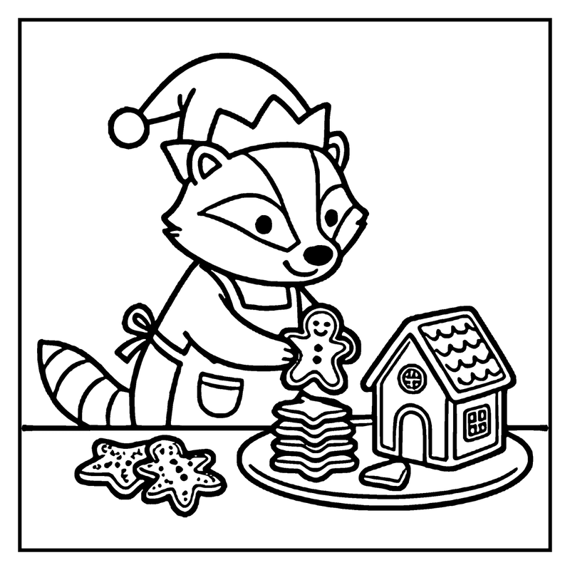 A raccoon wearing a Santa hat is decorating a gingerbread house, a christmas coloring page