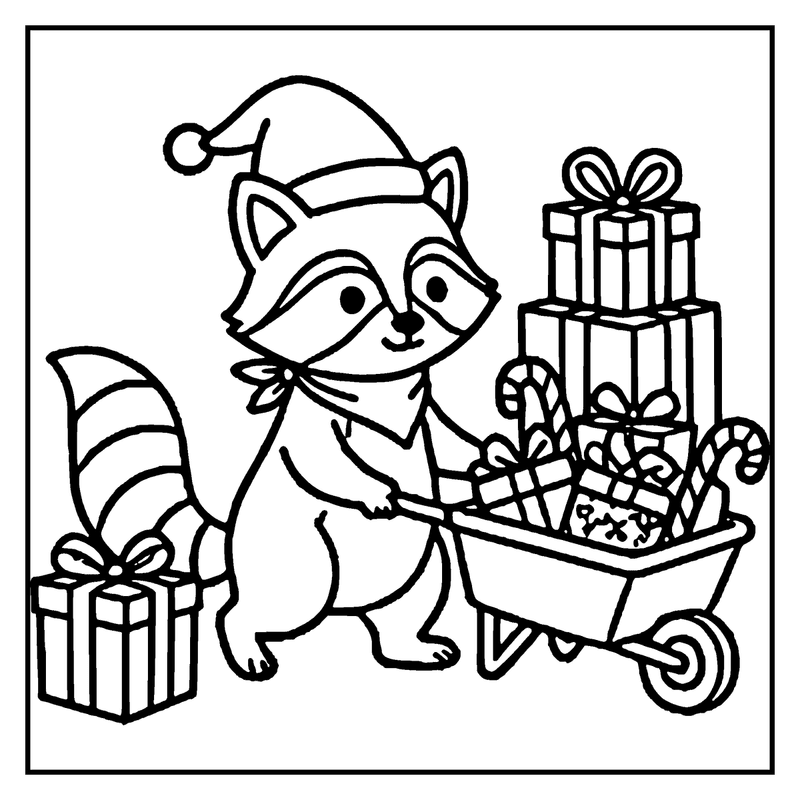 A raccoon wearing a Santa hat is pushing a wheelbarrow full of Christmas presents and candy canes