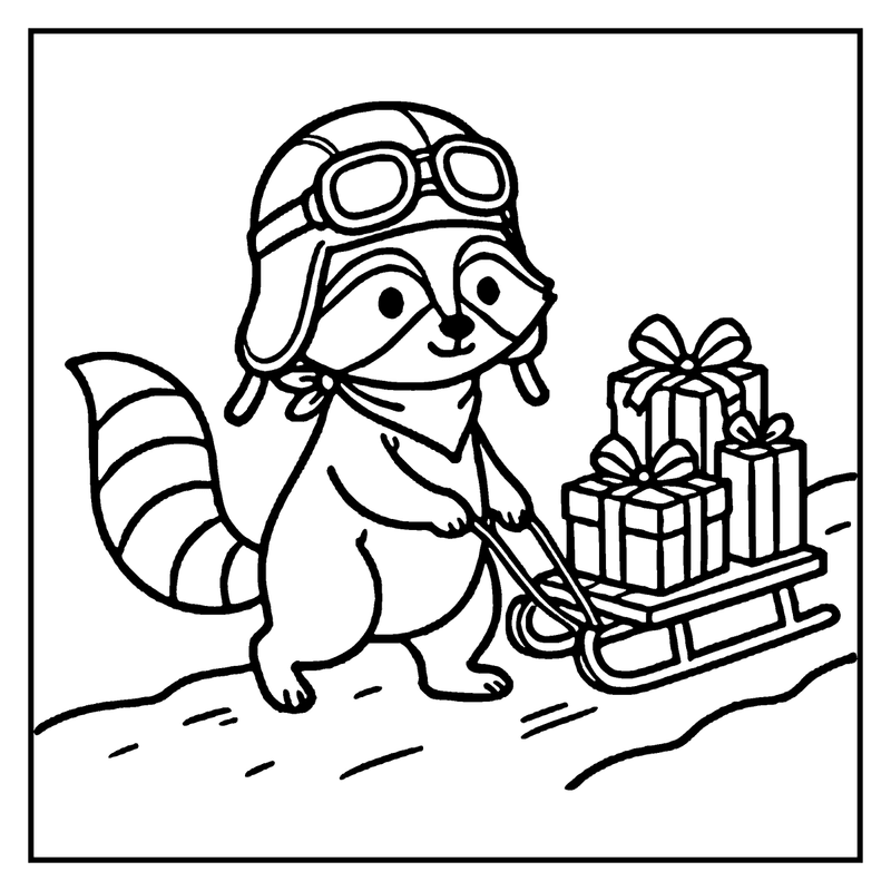 A raccoon wearing goggles pulls a sled filled with wrapped presents, a christmas coloring page