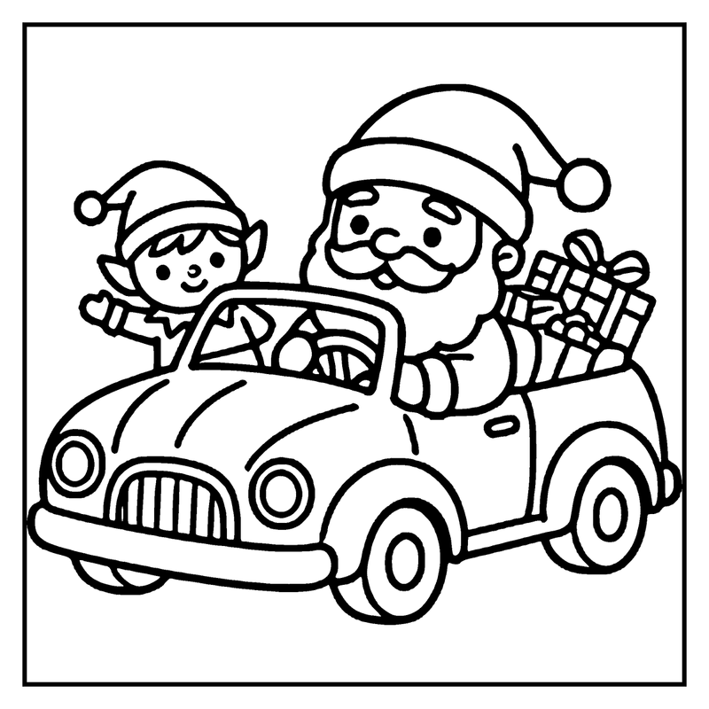 Santa and an elf drive a vintage car, waving and carrying presents, a christmas coloring page