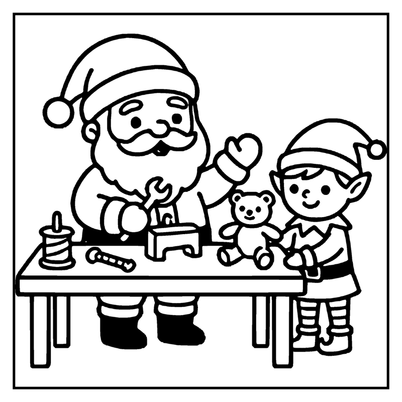 Santa Claus and an elf are working together at a table, with tools and a teddy bear nearby, a christmas coloring page