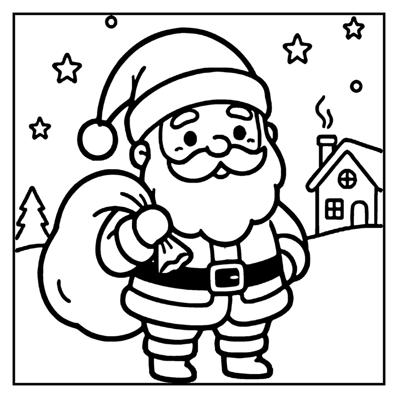 Santa Claus carrying a sack, standing in front of a cozy house with a chimney, a christmas coloring page