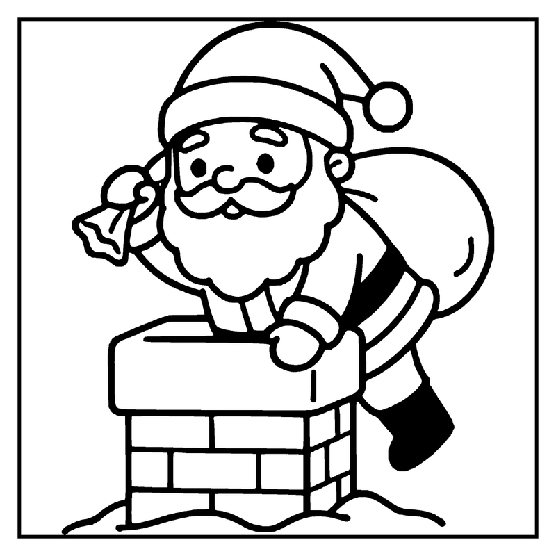 Santa Claus climbing down a chimney, holding a sack, wearing a hat and gloves, a christmas coloring page