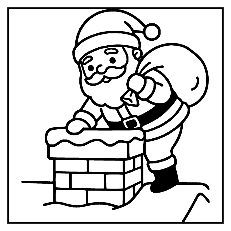 Santa Claus climbing down a chimney, wearing a hat and overalls, with a sack on his back, a christmas coloring page