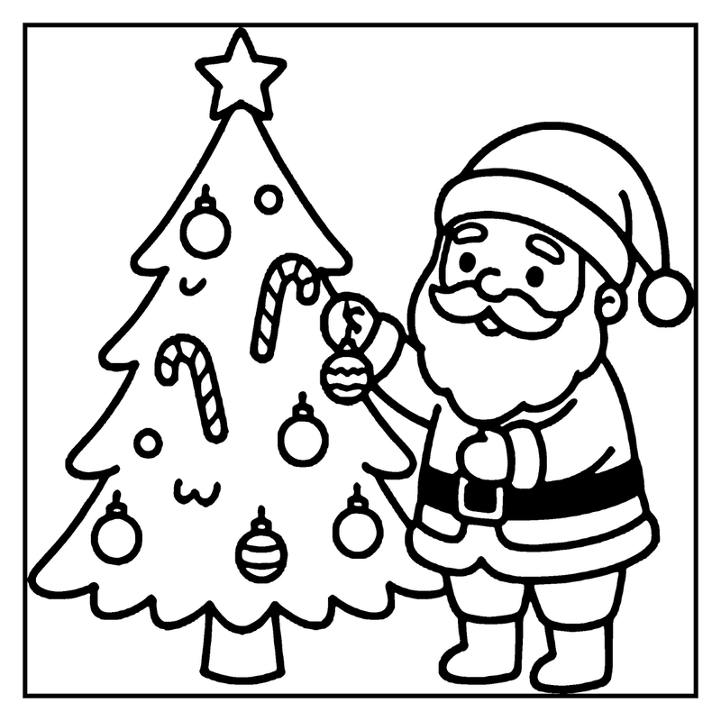 Santa Claus decorating a Christmas tree with a candy cane and ornaments