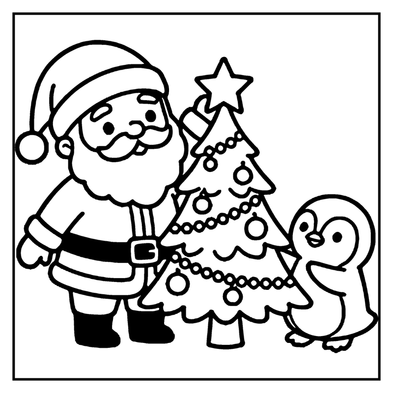 Santa Claus decorating a Christmas tree with a penguin nearby