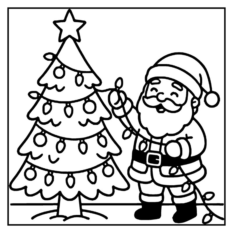 Santa Claus decorating a Christmas tree with lights and a star