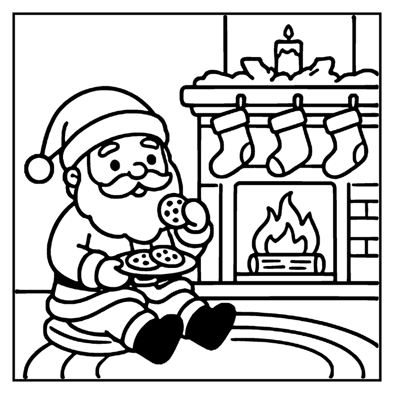 Santa Claus enjoys cookies by the fireplace, with stockings hanging above, a christmas coloring page