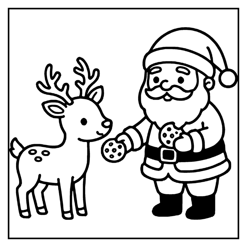 Santa Claus feeds a reindeer a cookie, both in a festive Christmas setting