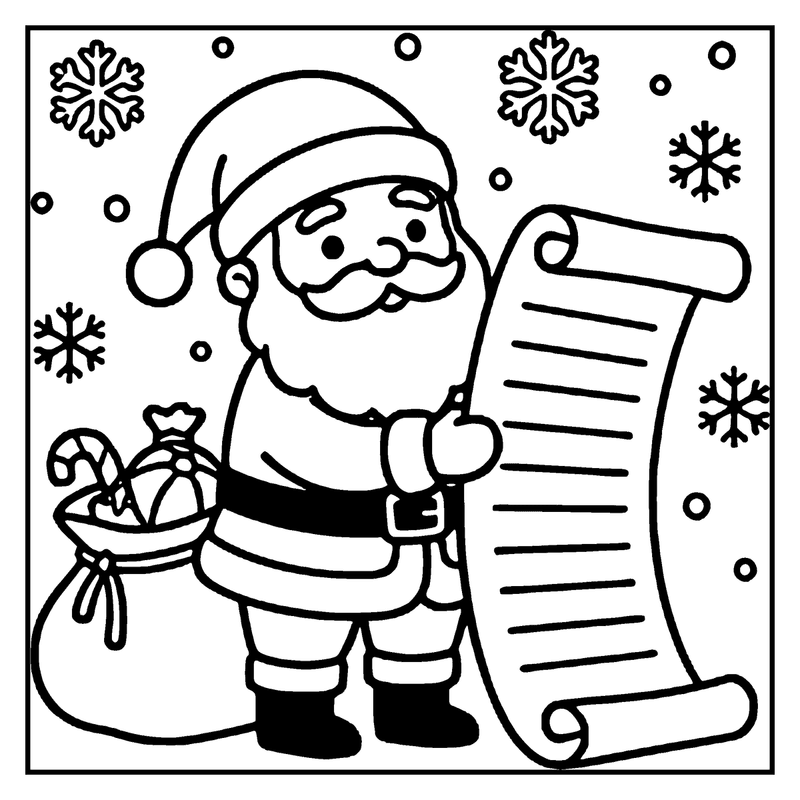 Santa Claus holding a long list, surrounded by snowflakes and a sack of gifts, a christmas coloring page