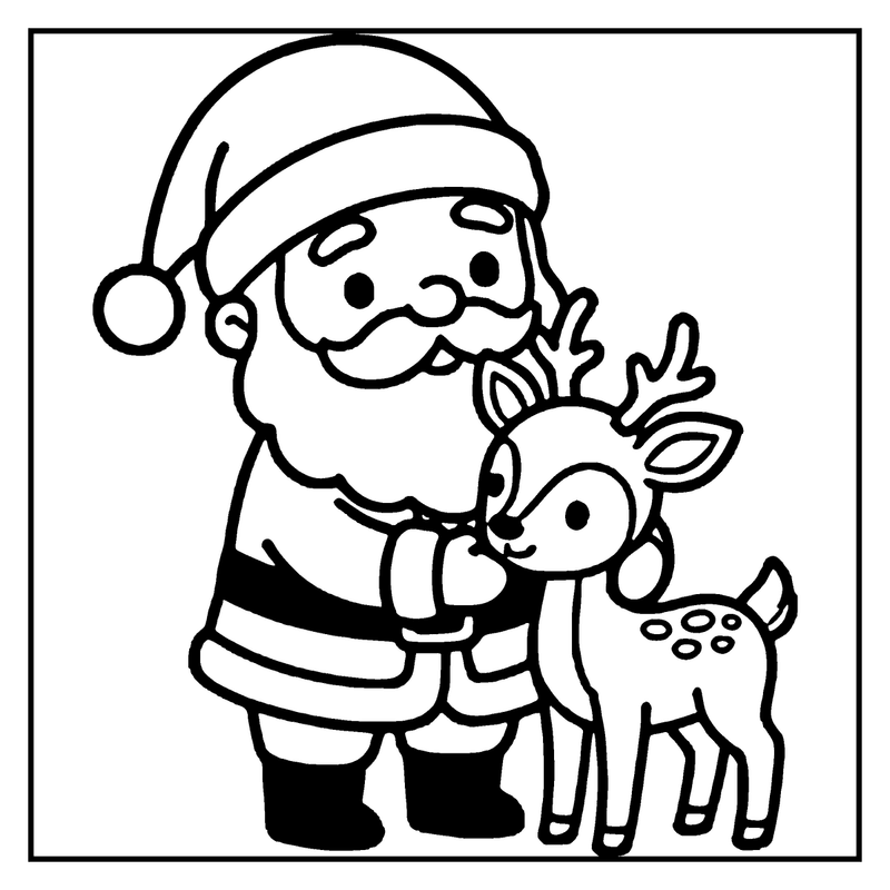 Santa Claus holding a reindeer, both smiling, in a festive Christmas setting