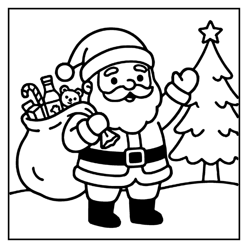 Santa Claus holding a sack of gifts, decorating a Christmas tree, in a snowy landscape