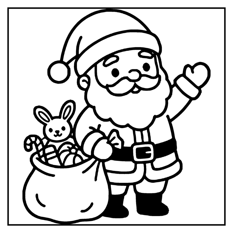Santa Claus holding a sack of toys, waving, and wearing a hat, a christmas coloring page