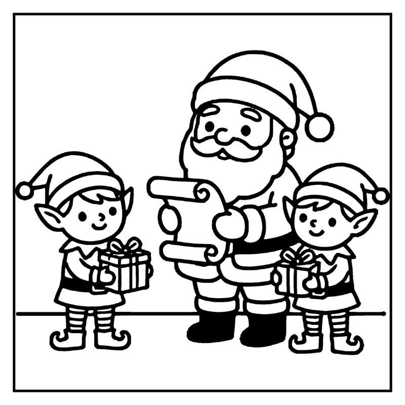 Santa Claus holds a list, while two elves stand beside him, each holding a gift, a christmas coloring page