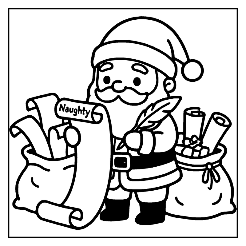 Santa Claus holds a scroll labeled "Naughty" and a quill, standing next to a sack of presents, a christmas coloring page