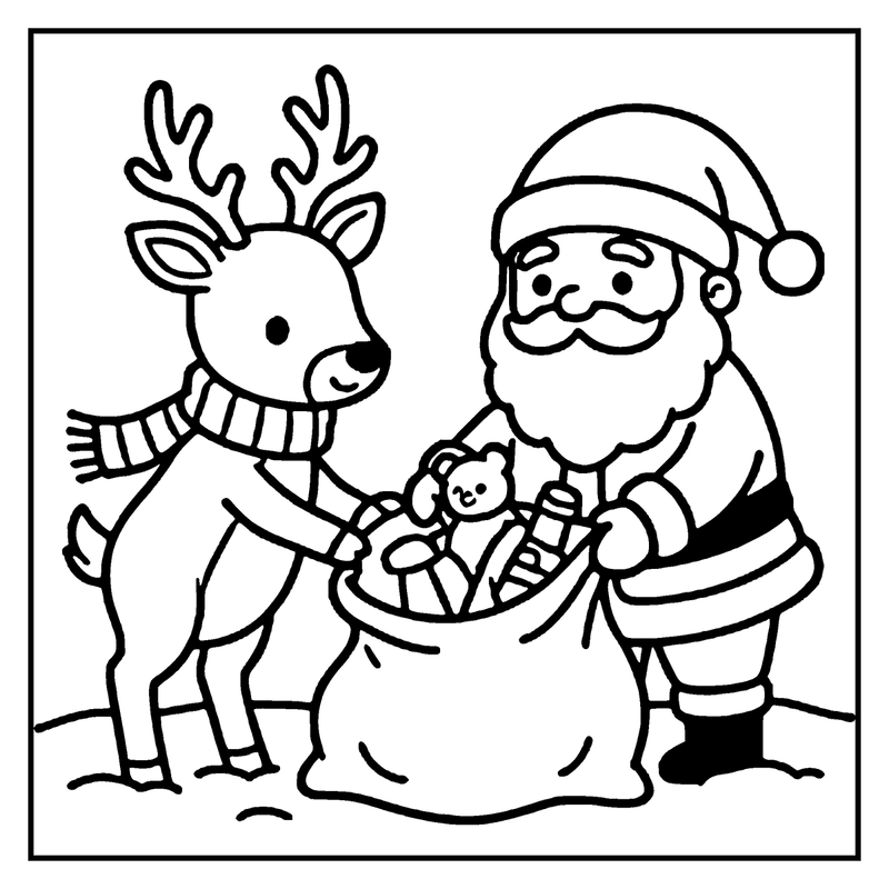 Santa Claus is filling a sack with toys, while a reindeer stands nearby, wearing a striped scarf, a christmas coloring page
