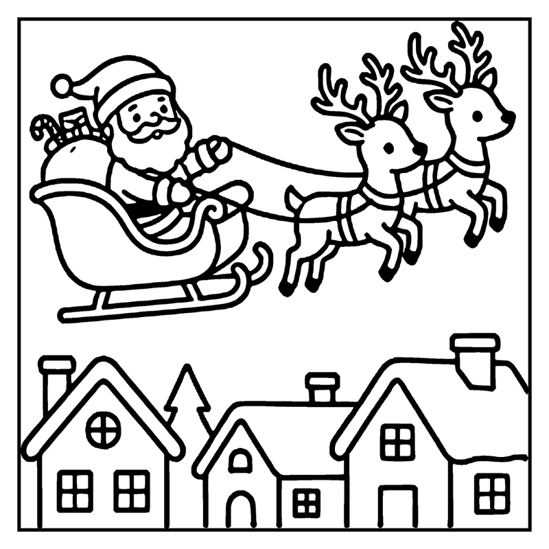 Santa Claus is flying in his sleigh with two reindeer over a snowy village, a christmas coloring page