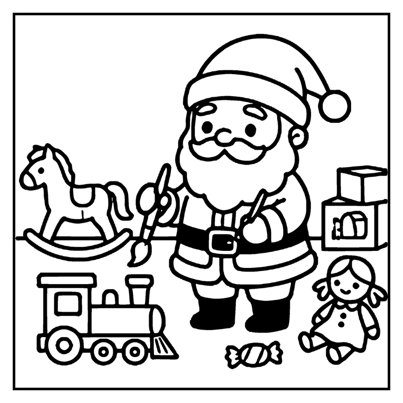 Santa Claus is painting a rocking horse while surrounded by toys and gifts, a christmas coloring page