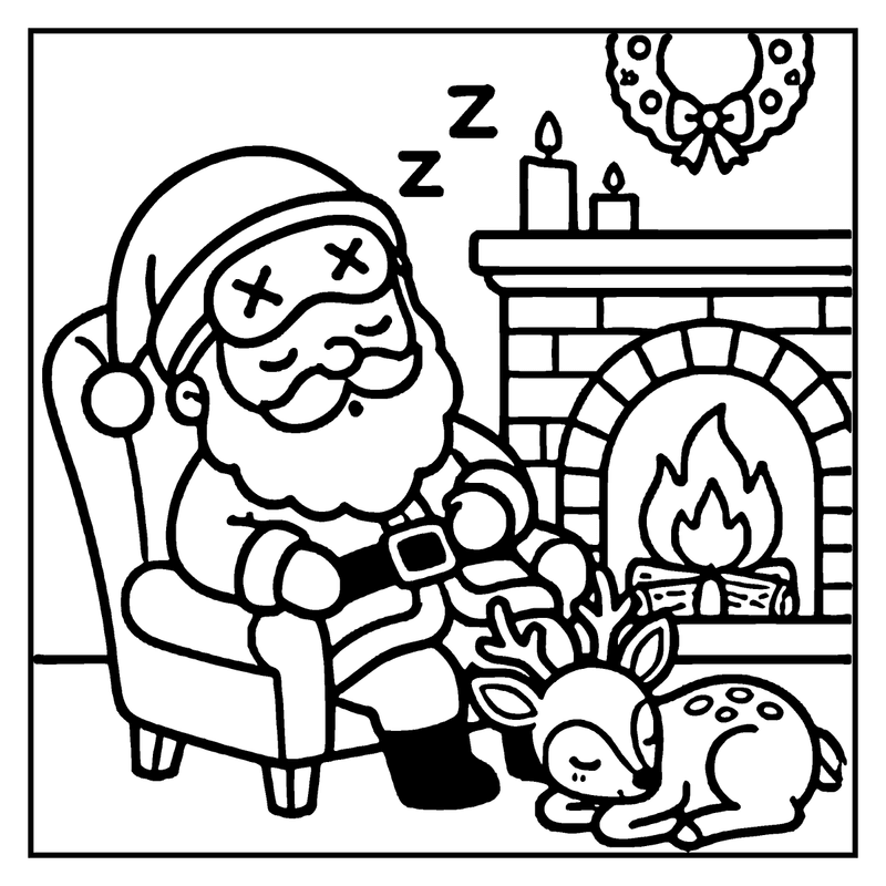 Santa Claus is sleeping in a chair with a sleeping mask, next to a reindeer and a lit fireplace, a christmas coloring page