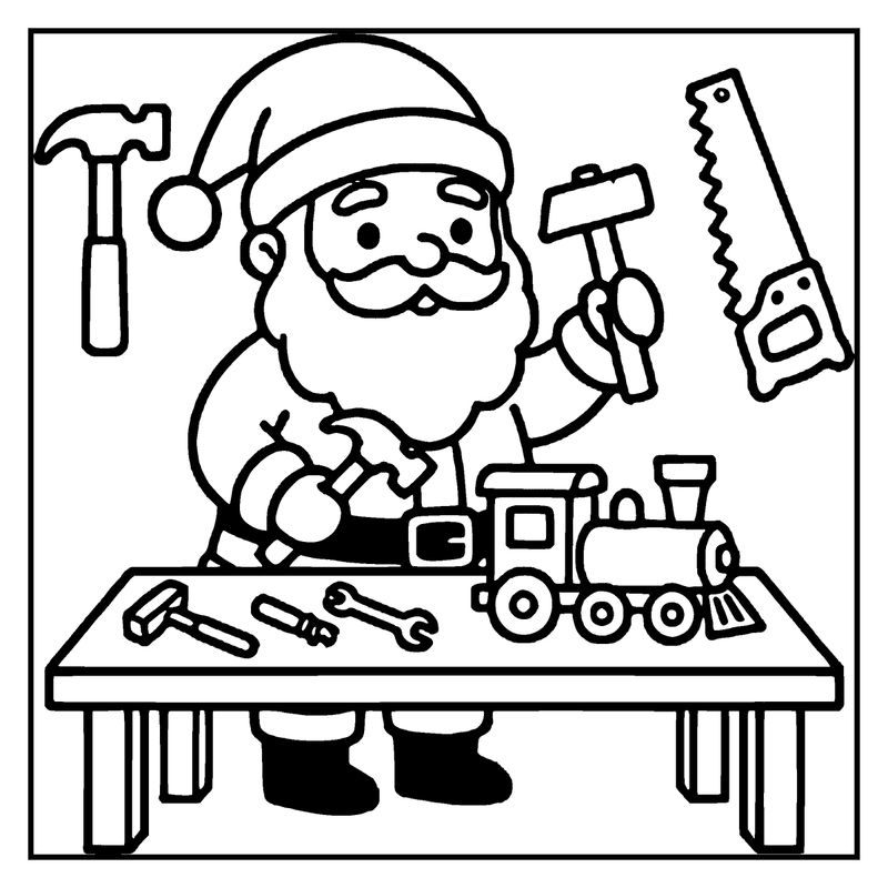 Santa Claus is working on a toy train at a workbench, surrounded by various tools, a christmas coloring page