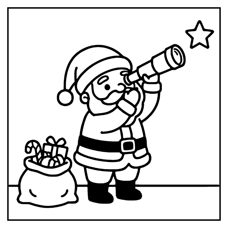 Santa Claus looking through a telescope at a star, with a sack of presents nearby, a christmas coloring page