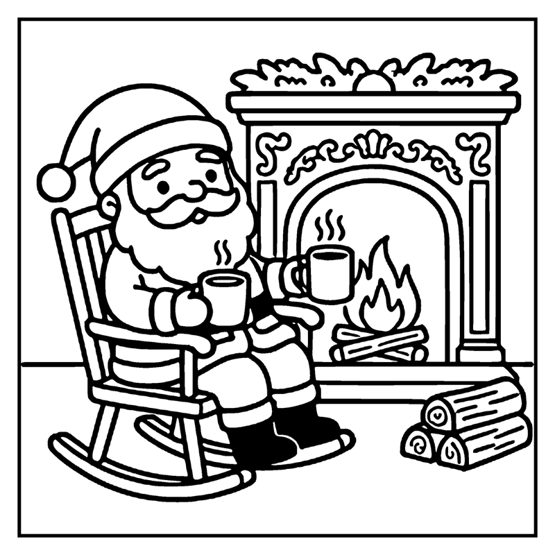 Santa Claus sits in a rocking chair by a fireplace, holding a steaming cup, with logs stacked nearby, a christmas coloring page