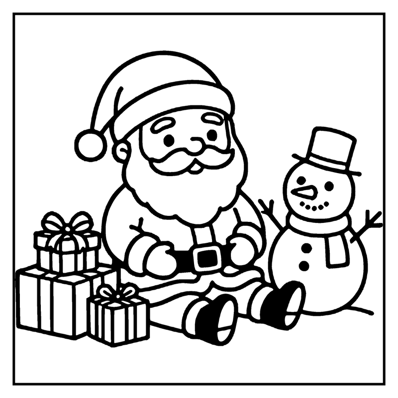 Santa Claus sits next to a snowman, holding a present, with a top hat and striped boots, a christmas coloring page