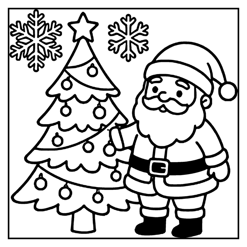 Santa Claus stands next to a decorated Christmas tree, holding a star, with two snowflakes above