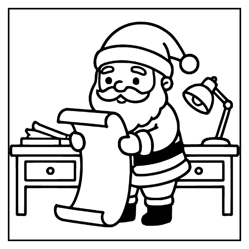 Santa Claus writing a letter at a desk with a lamp and a stack of books, a christmas coloring page