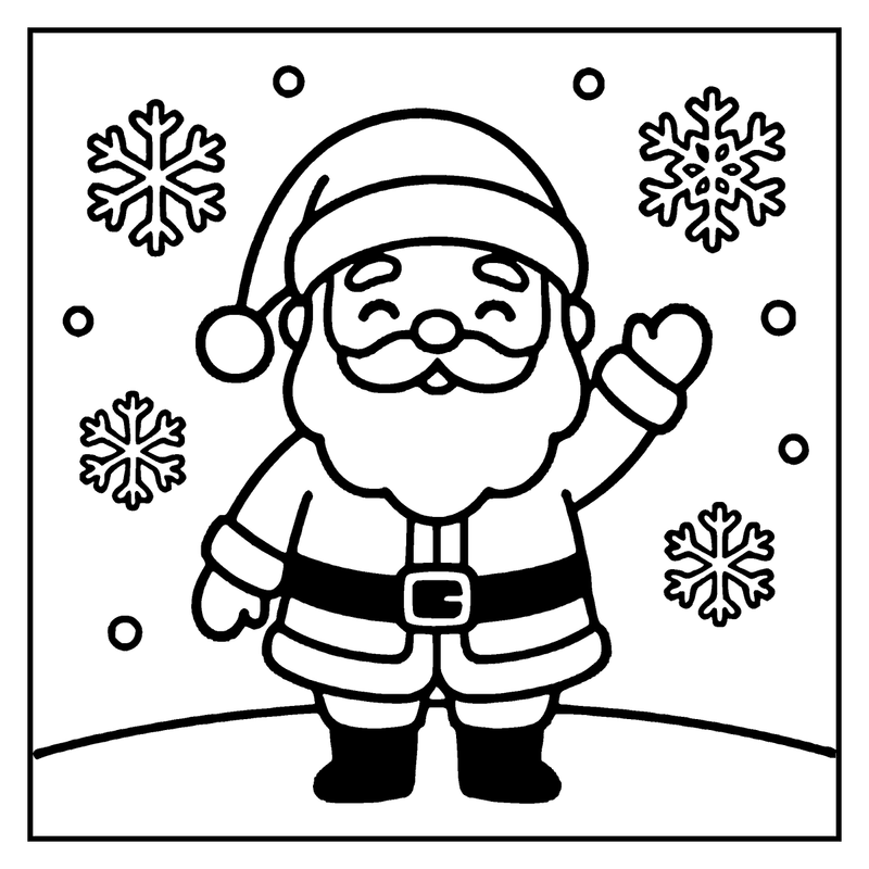 Santa waving with snowflakes around him, a christmas coloring page